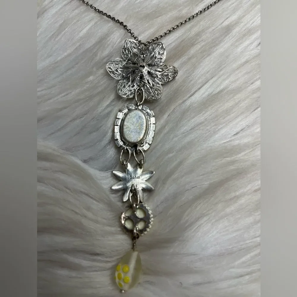 Bohm Vintage Floral Beaded Tiered Necklace Yellow White and Silver
